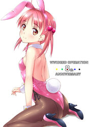  alternate_costume animal_ears anniversary back-seamed_legwear bow bowtie brown_pantyhose commentary_request copyright_name detached_collar fake_animal_ears female from_behind full_body hair_bobbles hair_ornament high_heels highleg highleg_leotard highres isshiki_momo leotard long_hair looking_at_viewer looking_back nonbe pantyhose pink_bow pink_bowtie pink_footwear pink_hair pink_leotard playboy_bunny rabbit_ears rabbit_tail red_eyes seamed_legwear short_hair simple_background sitting solo strapless strapless_leotard tail vividred_operation wariza white_background wrist_cuffs 