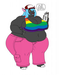  alternate_pride_colors alternate_rainbow_pride_colors anthro belly big_belly big_breasts biped blue_hair blue_lips blue_lipstick bottomwear breasts brown_eyes cleavage clipboard clothed clothing dialogue english_text female grey_body grey_skin hair hair_over_eye hat headgear headwear hi_res holding_belly holding_clipboard holding_object horn lgbt_pride lips lipstick makeup mammal midriff multicolored_clothing multicolored_shirt multicolored_tank_top multicolored_topwear obese obese_anthro obese_female one_eye_obstructed overweight overweight_anthro overweight_female pants pink_bottomwear pink_clothing pink_pants pride_color_clothing pride_color_shirt pride_color_tank_top pride_color_topwear pride_colors rainbow_clothing rainbow_pride_clothing rainbow_pride_colors rainbow_symbol rhinoceros shirt simple_background solo speech_bubble standing tammy_grazeson tank_top text thick_thighs topwear vdisco white_background wide_hips 