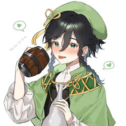  1boy :p beret black_hair blue_eyes blue_hair blush braid cape commentary drunk flower_knot genshin_impact gradient_hair green_cape green_hat hat heart high_collar highres kkopoli male_focus multicolored_hair official_alternate_costume short_hair_with_long_locks solo suikou_(genshin_impact) tankard tongue tongue_out twin_braids upper_body venti_(genshin_impact) 