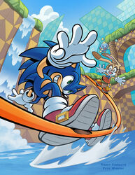  1boy 1other alkaline_azel artist_name blue_sky brown_eyes chao_(sonic) cheese_(sonic) cloud collaboration colorized commentary cream_the_rabbit dress english_commentary female gloves green_eyes green_hill_zone highres open_mouth orange_dress outdoors shoes sky sonic_(series) sonic_advance_2 sonic_the_hedgehog tracy_yardley water waterfall watermark white_gloves 