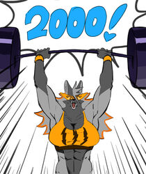  abs anthro barbell bra breasts canid canine canis cleavage clothed clothing exercise eyewear fangs female fur grey_body grey_fur hi_res kemari looking_at_viewer mammal motion_lines multicolored_body multicolored_fur muscular muscular_anthro muscular_female number open_mouth passion_(kemari) simple_background solo sports_bra teeth two_tone_body two_tone_fur underwear weightlifting weights wolf workout wristband 