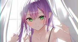  alternate_hairstyle backlighting blush closed_mouth collarbone commentary curtains english_commentary female green_eyes hair_between_eyes hair_down highres hololive light_smile long_hair looking_at_viewer panda_0035 pointy_ears portrait purple_hair smile solo tokoyami_towa virtual_youtuber window 