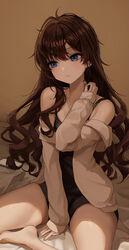  absurdres bad_id bad_pixiv_id bare_legs bare_shoulders barefoot between_legs black_tank_top blue_eyes blush brown_hair closed_mouth curly_hair dot_nose female foot_out_of_frame hand_between_legs hand_on_own_neck hand_up highres ichinose_shiki idolmaster idolmaster_cinderella_girls jewelry kudou_(sikisiki0000) long_hair long_sleeves looking_to_the_side messy_hair mole mole_on_thigh necklace off_shoulder open_clothes open_shirt paid_reward_available phone shirt sidelocks sitting sleeves_past_wrists solo swept_bangs tank_top thighs white_shirt 