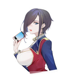  absurdres ark_royal_(azur_lane) azur_lane bad_id bad_pixiv_id black_hair blue_eyes breasts cellphone cleavage commentary_request female hair_over_one_eye highres holding holding_phone looking_at_viewer ohisashiburi open_mouth partial_commentary phone short_hair simple_background smartphone solo upper_body white_background 