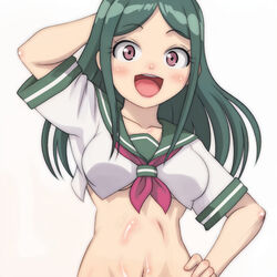  :d arm_behind_head blush breasts brown_eyes crop_top female green_hair hand_on_own_hip hand_up long_hair looking_at_viewer lv1_maou_to_one_room_yuusha maou_(lv1_maou_to_one_room_yuusha) medium_breasts navel neckerchief red_neckerchief shirt short_sleeves simple_background smile solo t_jiroo_(ringofriend) white_background white_shirt 