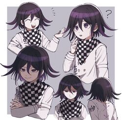  1boy :d ? black_hair bojue_(hakus_1128) border buttons checkered_background checkered_clothes checkered_scarf closed_eyes commentary_request crossed_arms danganronpa_(series) danganronpa_v3:_killing_harmony double-breasted flipped_hair from_behind frown grey_background grey_jacket hand_up highres jacket laughing long_sleeves looking_at_viewer male_focus multicolored_hair multiple_views oma_kokichi open_mouth pale_skin purple_eyes purple_hair scarf shirt short_hair smile smug teeth two-tone_hair upper_body upper_teeth_only white_border 