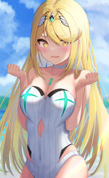  blonde_hair blush breasts breasts_squeezed_together chest_jewel choker cleavage cowboy_shot female gem headpiece highres large_breasts long_hair looking_at_viewer mythra_(xenoblade) one-piece_swimsuit open_mouth ribbed_swimsuit sky solo strapless strapless_one-piece_swimsuit striped_clothes striped_one-piece_swimsuit suicabar72 swept_bangs swimsuit tiara vertical-striped_clothes vertical-striped_one-piece_swimsuit very_long_hair xenoblade_chronicles_(series) xenoblade_chronicles_2 yellow_eyes 