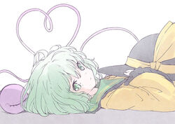  black_hat blouse closed_mouth collared_shirt expressionless eyeball female frilled_shirt_collar frilled_sleeves frills from_side green_eyes hat hat_on_chest hat_ribbon heart heart_of_string komeiji_koishi light_green_hair long_sleeves looking_at_viewer lying medium_hair on_back one-hour_drawing_challenge ribbon satyuas shirt simple_background solo third_eye touhou unworn_hat unworn_headwear wavy_hair white_background wide_sleeves yellow_ribbon yellow_shirt 