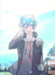  1boy binggwaryu black_jacket blue_eyes blue_hair blue_nails blue_sky blurry blurry_background blush cable crying crying_with_eyes_open day drawstring hair_ornament hairclip hand_up headphones headphones_around_neck highres hood hoodie jacket kaito_(vocaloid) lens_flare looking_at_viewer male_focus mountainous_horizon nail_polish one_eye_closed outdoors project_diva_(series) school_uniform_parka_(module) sky smile standing tears upper_body vocaloid wiping_tears 