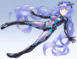  blue_eyes blush bodysuit breasts commentary_request covered_navel female full_body hair_between_eyes headgear kurione_(zassou) long_hair looking_at_viewer neptune_(series) next_purple power_symbol power_symbol-shaped_pupils purple_hair purple_heart_(neptunia) see-through skin_tight smile solo symbol-shaped_pupils very_long_hair 