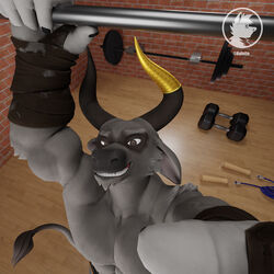  1:1 2021 3d_(artwork) 5_fingers abs absurd_res anthro arm_tuft arm_warmers armband armwear bandage biceps big_horn biped black_fingernails black_horn black_markings black_nails black_nose bottomwear bovid bovine brick_wall brown_arm_warmers brown_armwear brown_clothing brown_eyes bull_(petruz) bust_portrait byletto cattle cheek_tuft chin_tuft clothed clothing colored_nails cow_(petruz) curved_horn daao_(petruz) detailed_background digital_drawing_(artwork) digital_media_(artwork) discarded_object dumbbell exercise eyebrows facial_markings facial_tuft fingernails fingers first_person_view front_view fur grey_body grey_bottomwear grey_clothing grey_eyebrows grey_fur grey_text grey_tuft gym half-closed_eyes hand_focus head_markings hi_res high-angle_view holding_object horn inside looking_at_viewer male mammal markings monotone_body monotone_fur mouth_closed muscular muscular_anthro muscular_male nails narrowed_eyes pecs perspective petruz_(copyright) portrait raised_arm raised_arms raised_eyebrow selfie shoulder_tuft smile smiling_at_viewer snout solo source_filmmaker_(artwork) standing tail tail_tuft teeth thin_tail topless topless_anthro topless_male triceps tuft wall_(structure) watermark weightlifting weights workout workout_equipment yellow_horn 