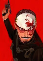  1boy bergmann-bayard_pistol black_eyes black_hair blood blood_on_clothes blood_on_face buttons collared_jacket facial_hair forehead_protector goatee golden_kamuy grin gun highres holding holding_gun holding_weapon jacket kajibaji lips long_sleeves male_focus military military_uniform motion_blur motion_lines moustache nose red_background scar scar_on_face short_hair sideburns simple_background smile solo stubble teeth tsurumi_tokushirou uniform upper_body weapon 