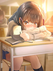  blue_skirt blurry blurry_background blush brown_eyes brown_hair brown_sweater classroom closed_mouth desk ear_blush embarrassed female frown hair_between_eyes hair_ornament hairclip holding indoors long_hair long_sleeves looking_at_viewer miniskirt original pen pleated_skirt school_uniform skirt solo_focus sticker sunset sweater tachiinu 