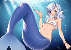  :d air_bubble bare_arms bare_shoulders bikini bikini_top_only blue_hair bracelet braid bubble commentary_request day elliot_leucosia enjo_kouhai female fins head_fins jewelry light_rays looking_at_viewer mermaid monster_girl monsterification navel open_mouth purple_eyes short_hair side_braid smile solo stomach sunbeam sunlight swept_bangs swimsuit takunomi underwater webbed_hands white_bikini 