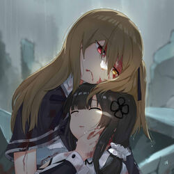  2girls absurdres artist_name assault_lily black_capelet black_hair black_ribbon black_sleeves blood blood_from_mouth blood_on_arm blood_on_clothes blood_on_face blood_on_hands blunt_bangs blurry blurry_background brown_hair capelet closed_eyes commentary_request cuts day detached_sleeves expressionless feza_chen_(ushaku) flower_knot hair_between_eyes hair_ornament hair_ribbon hair_scrunchie hand_on_another&#039;s_cheek hand_on_another&#039;s_face hand_up head_tilt heads_together heterochromia highres injury kuo_shenlin long_hair looking_away multiple_girls one_side_up outdoors overcast parted_lips rain red_eyes ribbon rubble ruins school_uniform scrunchie shirt signature sky torn_capelet torn_clothes upper_body wang_yujia water_drop wet wet_hair white_scrunchie white_shirt yellow_eyes yuri yurigaoka_girls_academy_school_uniform 