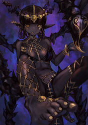  absurdres barefoot black_hair blue_tongue breasts colored_tongue dark_skin demon demon_girl female fishnet_legwear fishnets hair_ornament hair_rings highres horns jewelry looking_at_viewer original pointy_ears sabamiso_taro small_breasts smile solo tan yellow_eyes yellow_nails 