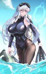  absurdres azur_lane black_pantyhose black_wetsuit blue_one-piece_swimsuit blue_sky breasts center_opening commentary_request diving_mask diving_mask_on_head diving_suit enterprise_(azur_lane) enterprise_(diving_under_blue_skies)_(azur_lane) female goggles goggles_on_head grey_hair highres impossible_clothes impossible_swimsuit large_breasts lens_flare long_hair minuo_songshu official_alternate_costume one-piece_swimsuit open_clothes open_wetsuit pantyhose purple_eyes sidelocks sky solo swim_goggles swimsuit torn_clothes very_long_hair wading 