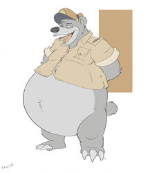  2021 anthro baloo bear belly belly_tuft big_belly bottomless bottomless_anthro bottomless_male canson claws clothed clothing disney fangs fur half-closed_eyes hands_behind_back hat headgear headwear hi_res jacket male mammal narrowed_eyes open_mouth overweight overweight_anthro overweight_male signature slightly_chubby slightly_chubby_anthro slightly_chubby_male sloth_bear solo standing talespin teeth the_jungle_book toe_claws tongue topwear tuft ursine 