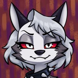  1:1 aged_down anthro black_ears black_eyebrows canid canine cheek_tuft collar eyebrows eyelashes eyeshadow facial_tuft fangs female front_view fur fur_tuft grey_body grey_eyelids grey_fur grey_hair grey_inner_ear hair headshot_portrait helluva_boss looking_at_viewer loona_(helluva_boss) makeup mammal narrowed_eyes portrait pupils red_sclera simple_background solo soulcentinel spiked_collar spikes teeth textured_background tuft white_eyes 