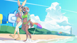  4_toes absurd_res acerola_(kemari) anthro barefoot beach beach_umbrella bikini blue_sky breasts brown_body brown_fur canid canine canis claws cleavage clothed clothing cloud day detailed_background domestic_dog duo eyewear eyewear_on_head feet female fur green_eyes hair hi_res kemari lagomorph leg_markings leporid lime_(kemari) mammal markings multicolored_body multicolored_fur multicolored_hair navel open_mouth open_smile outside parasol plantigrade rabbit sea seaside sky smile socks_(marking) soles sunglasses sunglasses_on_head swimwear tan_body tan_fur toes two_tone_body two_tone_fur two_tone_hair walking water 