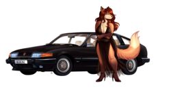  2021 absurd_res alpha_channel anthro big_breasts black_clothing black_dress breasts canid canine car ceran_altwood cleavage clothed clothing colored crossed_arms dress female footwear fox front_view fur hair hi_res high_heels looking_away mammal overweight overweight_female renneon rover_(marque) rover_sd1 simple_background smile solo standing thick_thighs transparent_background vehicle wide_hips 