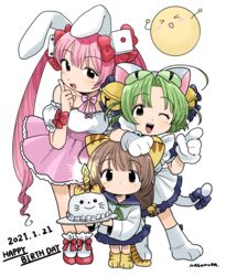  3girls absurdres animal_ears animal_hands animal_hat apron bell birthday_cake blouse blue_dress blue_sailor_collar blue_skirt breasts cake candle cat_ears cat_hat cat_tail choker dated dejiko di_gi_charat dice_hair_ornament dress food frilled_apron frills gema gloves green_eyes green_hair green_neckerchief hair_ornament happy_birthday hat highres jingle_bell long_hair looking_at_viewer maid_apron medium_breasts mittens multiple_girls nagomurasan neckerchief off_shoulder paw_gloves paw_shoes pink_hair pink_skirt pleated_skirt puchiko rabbit_ears ribbon ribbon_choker sailor_collar school_uniform serafuku shirt shoes short_hair simple_background skirt standing tail twintails usada_hikaru white_apron white_background white_mittens white_shirt wrist_ribbon 