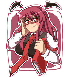  &gt;:) arm_behind_head armband bat_wings bespectacled black_vest blush border breasts collared_shirt cropped_torso detached_wings doyagao female glasses hair_between_eyes head_wings juliet_sleeves koakuma long_hair long_sleeves looking_at_viewer medium_breasts necktie one-hour_drawing_challenge outline puffy_sleeves red-framed_eyewear red_background red_eyes red_hair red_necktie renshirenji semi-rimless_eyewear shirt sidelocks simple_background smile smug solo touhou upper_body v-shaped_eyebrows very_long_hair vest white_border white_outline white_shirt wings 