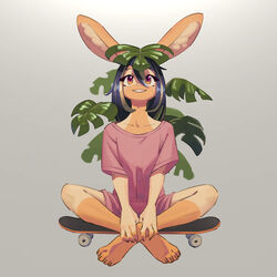  1:1 4_toes absurd_res acerola_(kemari) anthro barefoot claws crossed_legs feet female fur hair hi_res kemari lagomorph leg_markings leporid mammal markings multicolored_body multicolored_fur multicolored_hair plant rabbit simple_background sitting skateboard socks_(marking) solo toes two_tone_body two_tone_fur two_tone_hair vehicle 