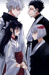  2boys 2girls black_hair blue_eyes facial_mark fushiguro_megumi gojou_satoru highres iori_utahime japanese_clothes jujutsu_kaisen matchi_(ginger.8) miko multiple_boys multiple_girls ryoumen_sukuna_(jujutsu_kaisen) scar scar_on_face short_hair simple_background spoilers upper_body uraume_(jujutsu_kaisen) white_background white_hair 