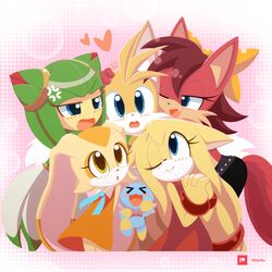  &gt;_&lt; 1boy 4girls :d ;) ;d anger_vein artist_name blue_eyes blush blush_stickers bow bowtie bracelet brown_hair chao_(sonic) cheese_(sonic) closed_mouth commentary cosmo_(sonic) cream_the_rabbit dated english_commentary fiona_fox fox_boy fox_girl furry furry_female furry_male girl_sandwich hairbow happy harem heart highres howxu in-franchise_crossover interlocked_fingers jewelry looking_at_another midriff multiple_girls oerba_yun_fang one_eye_closed open_mouth own_hands_clasped own_hands_together patreon_username rabbit_girl red_bow red_bowtie sandwiched signature simple_background sleeveless smile sonic_(series) sonic_boom_(series) sonic_the_hedgehog_(archie_comics) sonic_x straight tails_(sonic) yellow_eyes zooey_(sonic) 