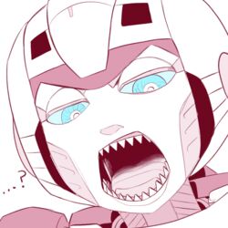  1:1 2023 arcee blue_eyes cybertronian ellipsis female gum-k hasbro humanoid living_machine machine mouth_shot not_furry open_mouth question_mark restricted_palette robot robot_humanoid sharp_teeth solo takara_tomy teeth transformers 