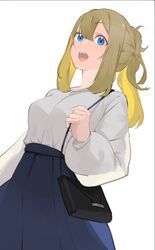  :d bag blonde_hair blue_eyes blue_skirt breasts commentary copyright_request female gochiwa grey_sweater highres long_sleeves looking_at_viewer medium_breasts open_mouth original ponytail shoulder_bag simple_background skirt smile solo sweater symbol-only_commentary white_background 