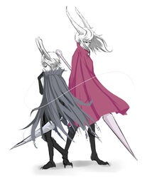  1other absurdres black_skin cloak colored_skin female full_body height_difference highres holding holding_weapon hollow_knight hornet_(hollow_knight) horns humanization knight_(hollow_knight) limited_palette nail_(hollow_knight) needle needle_(hollow_knight) old_nail_(hollow_knight) profile rainarten shadow simple_background standing standing_on_one_leg thread torn_cloak torn_clothes weapon white_background white_hair 