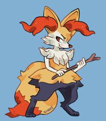  anthro arm_tuft black_body black_fur blue_background blynxee braixen canid canine cheek_tuft ear_tuft eyebrows facial_tuft fangs feet fingers fur generation_6_pokemon holding_object mammal nintendo orange_body orange_eyes orange_fur orange_nose pokemon pokemon_(species) shoulder_tuft simple_background smile teeth toes tuft white_body white_fur yellow_body yellow_fur 