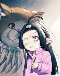  bags_under_eyes black_hair eyepatch feathers female granblue_fantasy hair_bobbles hair_ornament harvin holding holding_pen long_hair lunalu_(granblue_fantasy) matsuki_tou medical_eyepatch o_o orange_eyes owlcat pen pointy_ears purple_eyes shadow 