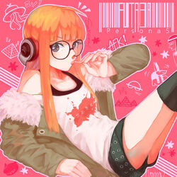  ahoge arm_up behind-the-head_headphones belt black_legwear blunt_bangs candy eating female food fur-trimmed_jacket fur_trim glasses green_jacket hand_up headphones highres hime_cut holding holding_food jacket leaning_back legs_up lollipop long_hair md5_mismatch off-shoulder_shirt off_shoulder orange_hair patterned_background persona persona_5 pink_background purple_eyes pyramid_(structure) sakura_futaba shirt short_shorts shorts simple_background solo_focus star_(symbol) t-shirt thighhighs towne ufo vest white_shirt zettai_ryouiki 