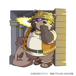  1:1 2023 anthro bear biped bottomwear clothing facial_hair japanese_text kemono kinoshita-jiroh male mammal moustache ooe_senbee overweight overweight_male pants sengoku_puzzle shirt solo surprise text topwear 