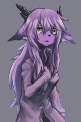  2018 anthro black_nose blue_eyes breasts clothed clothing dragon female fur furred_dragon furred_scalie grey_background hair hi_res horn looking_at_viewer mythological_creature mythological_scalie mythology open_mouth purple_body purple_fur purple_hair scalie shirt shizumi_tsubasa simple_background solo topwear transformation yellow_eyes 