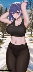  absurdres armpits bare_arms black_panties black_pants black_sports_bra blue_eyes blue_hair breasts cleavage female hanada_yanochi highres hololive hololive_english landscape large_breasts midriff navel ouro_kronii panties pants see-through see-through_pants shirt short_hair smile solo sports_bra sportswear standing stomach sweatdrop underwear virtual_youtuber watermark web_address yoga 