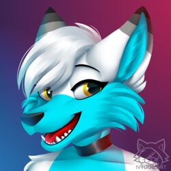  1:1 anthro blue_body blue_fur bust_portrait canid canine choker digital_media_(artwork) digital_painting_(artwork) fur gradient_background hi_res jewelry kiwifox_(artist) looking_at_viewer mammal multicolored_body multicolored_fur necklace open_mouth open_smile portrait shaded simple_background smile solo teeth_showing two_tone_body two_tone_fur watermark white_body white_fur yellow_eyes 