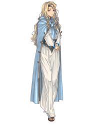  amiba_(nerdamiba) blonde_hair blue_eyes bow cape circlet cloak closed_mouth dress edain_(fire_emblem) feet female fire_emblem fire_emblem:_genealogy_of_the_holy_war full_body headpiece highres long_dress long_hair long_sleeves looking_at_viewer own_hands_together sandals shiny solo transparent_background wavy_hair white_dress 