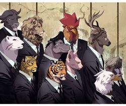  2023 accipitrid accipitriform anthro avian beak bird black_body black_clothing black_ears black_fur black_necktie black_topwear bovid business_attire business_suit chicken classy clothing deer domestic_cat eagle eyewear feathers felid feline felis formal_attire formal_clothing formal_suit formal_wear fur galliform gallus_(genus) glasses group hair hairless hairless_cat haplorhine hi_res hippopotamid large_group leopard lion lljh male mammal mandrill mane mane_hair markings monkey necktie old_world_monkey orange_body orange_fur pantherine phasianid primate sphynx_(cat) spots spotted_body spotted_fur spotted_head striped_body striped_fur striped_head stripes suit suit_and_tie tan_body tan_fur tan_hair tiger topwear white_body white_clothing white_ears white_feathers white_topwear yellow_beak yellow_body yellow_fur 