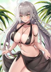  ahoge bad_id bad_twitter_id bare_shoulders bikini black_bikini blush bracelet braid breasts cleavage fate/grand_order fate_(series) female grey_hair hair_between_eyes harimoji jeanne_d&#039;arc_alter_(fate) jeanne_d&#039;arc_alter_(festival_outfit)_(fate) jewelry large_breasts long_hair looking_at_viewer multiple_braids navel necklace official_alternate_costume open_mouth sarong smile solo sunlight swimsuit thighs very_long_hair yellow_eyes 