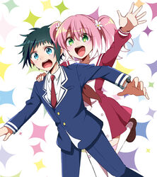  1boy black_hair blue_eyes dress female flower green_eyes hair_flower hair_ornament hand_on_another&#039;s_shoulder hiiragi_nana md5_mismatch multicolored_hair munou_na_nana nakajima_nanao necktie open_mouth pink_hair sailor_dress school_uniform smile source_mismatch standing standing_on_one_leg surprised twintails two-tone_hair watch white_legwear wristwatch yukisa 