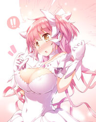  ! !! angel_wings bow breasts chauke commentary_request dress female frilled_dress frills hair_ribbon hairbow highres kaname_madoka large_breasts long_hair mahou_shoujo_madoka_magica mahou_shoujo_madoka_magica_(anime) open_mouth photoshop_(medium) pink_hair ribbon solo speech_bubble spoken_exclamation_mark surprised two_side_up ultimate_madoka white_dress wings yellow_eyes 