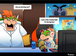  2021 anthro are_ya_winning_son? bottle bowser bowser_jr. chair claws clothing computer container dialogue duo electronics english_text father_(lore) father_and_child_(lore) father_and_son_(lore) furniture gaming headphones hi_res horn koopa lol_comments male mario_bros meme nintendo open_mouth open_smile paper_mario paper_mario:_the_thousand_year_door parent_(lore) parent_and_child_(lore) parent_and_son_(lore) playing_video_game plushie rawk_hawk red_eyes scalie shell shirt signature sitting smile son_(lore) spikes teeth text text_box thegreyzen tongue topwear 