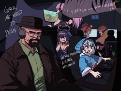  1boy 5girls :q angry animal_hood beret breaking_bad breasts brown_coat brown_headwear cleavage coat collared_shirt computer computer_keyboard computer_mouse counter-strike_(series) counter-strike_2 crossover deerstalker duct_tape duct_taped_gamer_(meme) english_text facial_hair gawr_gura gawr_gura_(1st_costume) goatee green_shirt halo hat headset highres hololive hololive_english hood hood_up indoors jacket lan_party long_sleeves medium_breasts meme monster_energy mori_calliope multiple_girls ninomae_ina&#039;nis ninomae_ina&#039;nis_(1st_costume) open_mouth orange_hair orange_jacket pink_hair playing_games porkpie_hat purple_hair shark_hood sharp_teeth shirt short_hair takanashi_kiara takanashi_kiara_(1st_costume) teeth tina_fate tongue tongue_out upper_body virtual_youtuber walter_white watson_amelia watson_amelia_(1st_costume) 