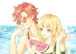  1boy atoatto blonde_hair commentary_request female fire_emblem fire_emblem:_three_houses fire_emblem_heroes food fruit green_eyes grin holding ingrid_brandl_galatea ingrid_brandl_galatea_(summer) long_hair open_mouth red_hair short_hair signature smile sunglasses swimsuit sylvain_jose_gautier sylvain_jose_gautier_(summer) upper_body watermelon 