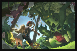  1boy adjusting_clothes adjusting_headwear bag baseball_cap black_hair blonde_hair cherubi cleffa commentary dall_amber dress english_commentary female gastly hat highres lillie_(pokemon) long_hair mega_pokemon mega_tyranitar mew_(pokemon) outdoors photoshop_(medium) pikachu pokemon pokemon_(anime) pokemon_(creature) pokemon_sm_(anime) satoshi_(pokemon) shirt striped_clothes striped_shirt teddiursa tyranitar white_dress z-crystal 