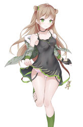  absurdres bare_shoulders black_dress black_gloves bow breasts camouflage camouflage_jacket clark_(159123) closed_mouth clothes_lift clothes_pull collarbone covered_navel double_bun dress dress_lift feet_out_of_frame female fur-trimmed_jacket fur_trim girls&#039;_frontline gloves green_bow green_eyes hair_bun hairbow highres jacket jacket_pull lifting_own_clothes light_blush light_brown_hair long_hair looking_at_viewer medium_breasts open_clothes open_jacket panties pantyshot rfb_(girls&#039;_frontline) single_glove smile socks solo standing standing_on_one_leg striped_clothes striped_panties striped_socks underwear vertical-striped_clothes vertical-striped_socks white_background 